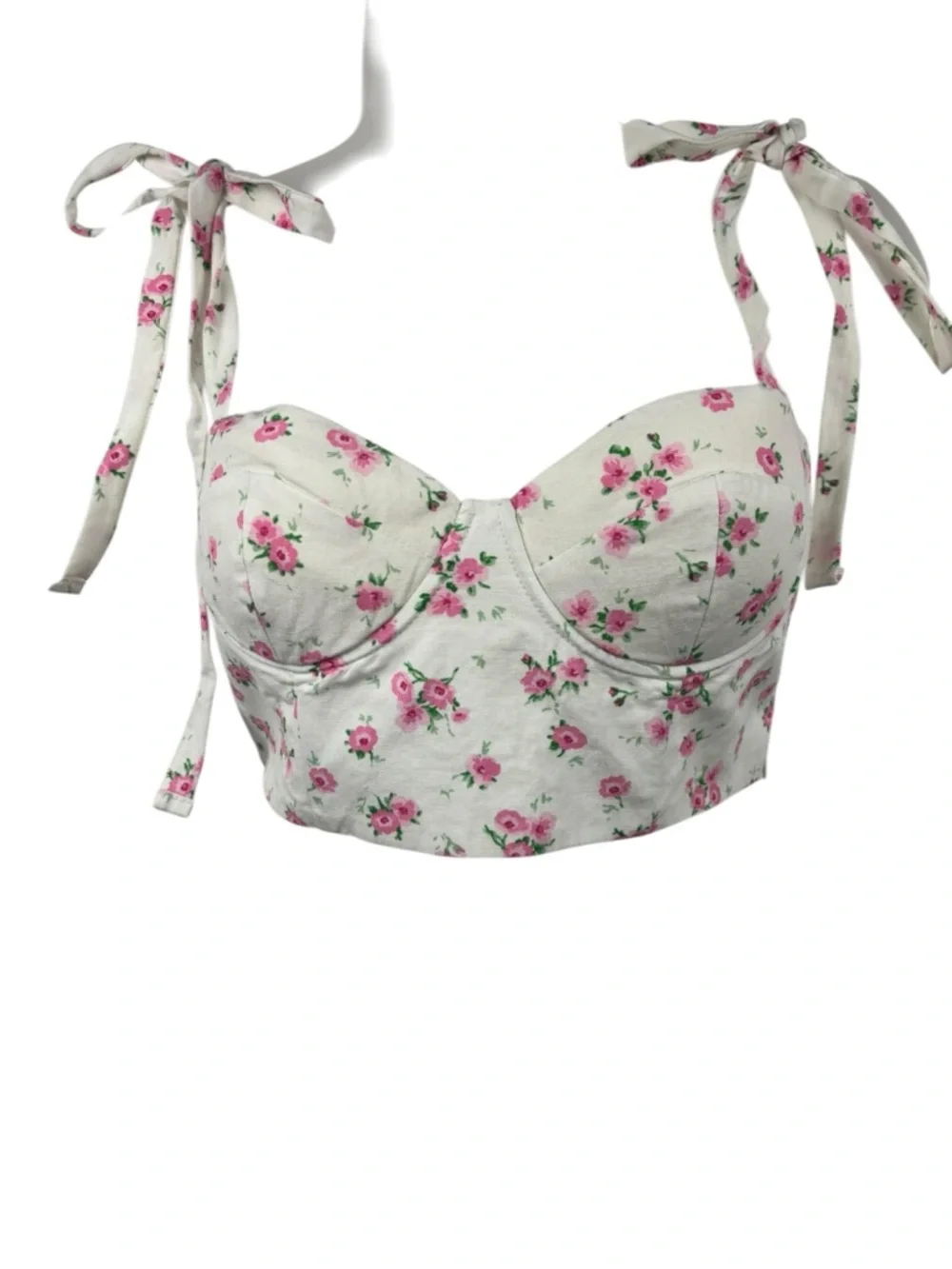 Zara Bustier Crop Top Smocked Floral White Pink Size S Coquette Cottagecore - Picture 4 of 10